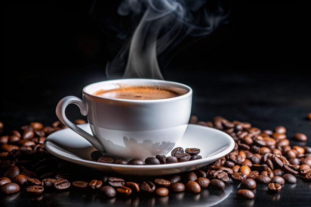 Steaming cup of coffee on a saucer with coffee beans scattered around.
